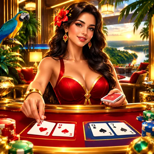 mesa de baccarat ao vivo vista de cima com cartas e fichas